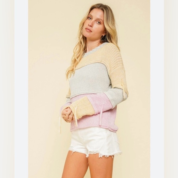 HEM & THREAD Color Block SLV Tassel Drop Shoulder Boho/Beach Pastel Sweater SZ L - Picture 1 of 16